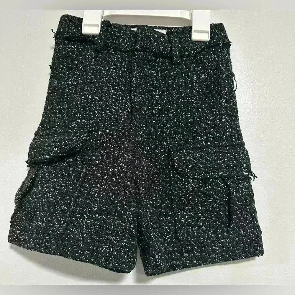 356. New Zara girls patterned weave shorts with pockets tweed sz 6T black/white